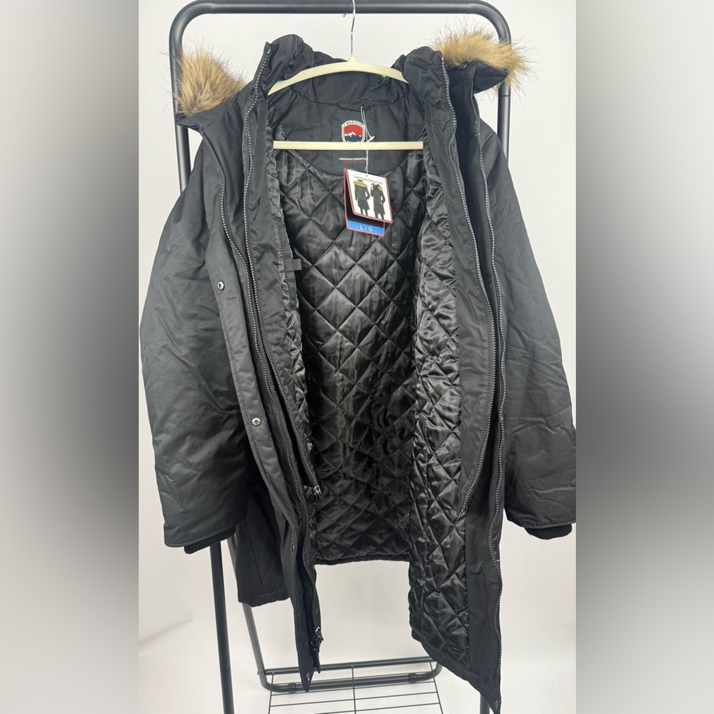 1 Madison Expedition Faux Fur Hooded Parka Coat Black L NWT F51 - Picture 8 of 9